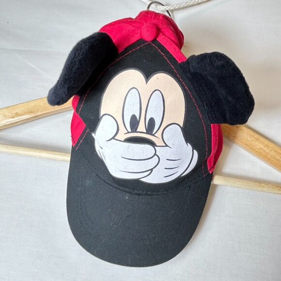 Disney Mickey Mouse Black Red Hands On Mouth Plush Ears Baseball Cap Youth - Picture 3 of 10